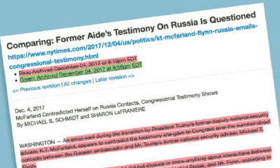 This screen image from NewsDiffs.org shows the deleted headline and text (in red) in a New York Times article originally reporting that a Trump official lied to investigators; new, green sections indicate that virtually the entire article, with its headline, was replaced. The version of the story on the Times website makes no mention of the wholesale corrections.