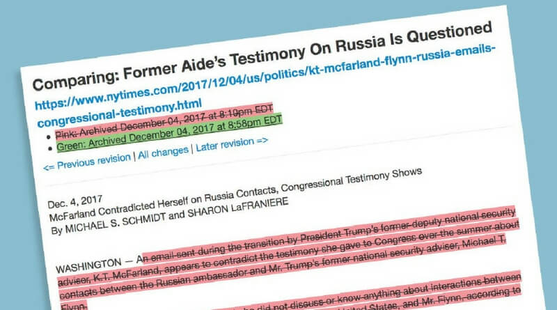 This screen image from NewsDiffs.org shows the deleted headline and text (in red) in a New York Times article originally reporting that a Trump official lied to investigators; new, green sections indicate that virtually the entire article, with its headline, was replaced. The version of the story on the Times website makes no mention of the wholesale corrections.