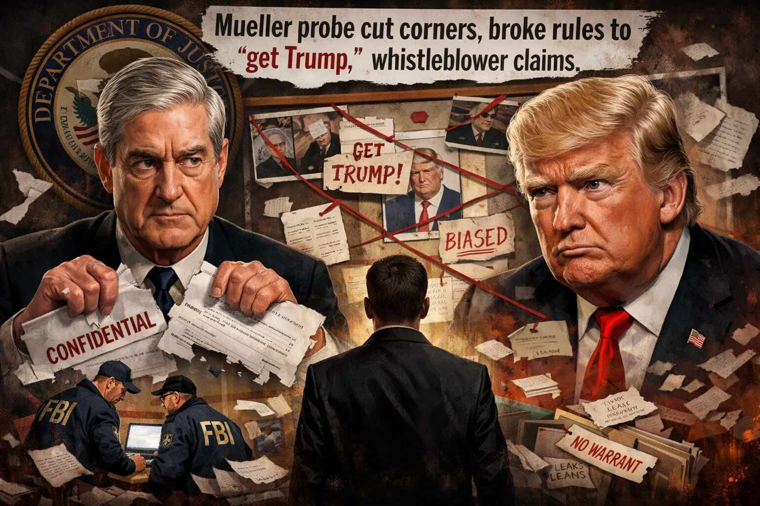 create an image based on this headline - Mueller probe cut corners, broke rules to ‘get Trump,’ whistleblower claims