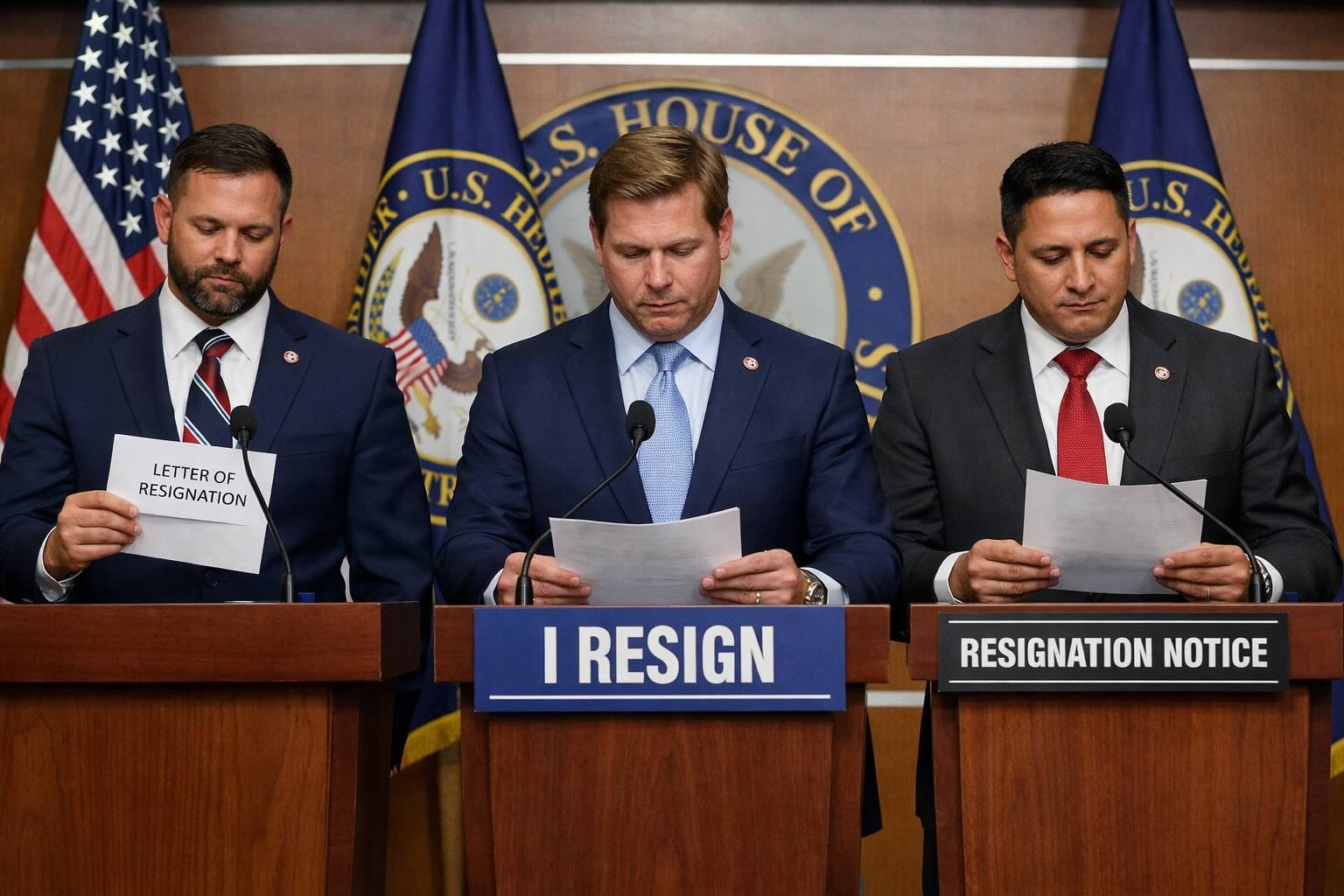 Create an image of Corey Mills, Swalwell and Tony Gonzales resigning from congress fro sexual allegations