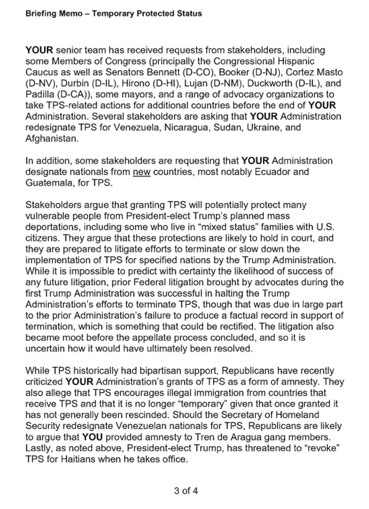 Excerpt from the January 2025 White House memo noting requests from stakeholders and arguments about protecting people from President-elect Trump’s planned mass deportations. Released by Sen. Eric Schmitt via X.