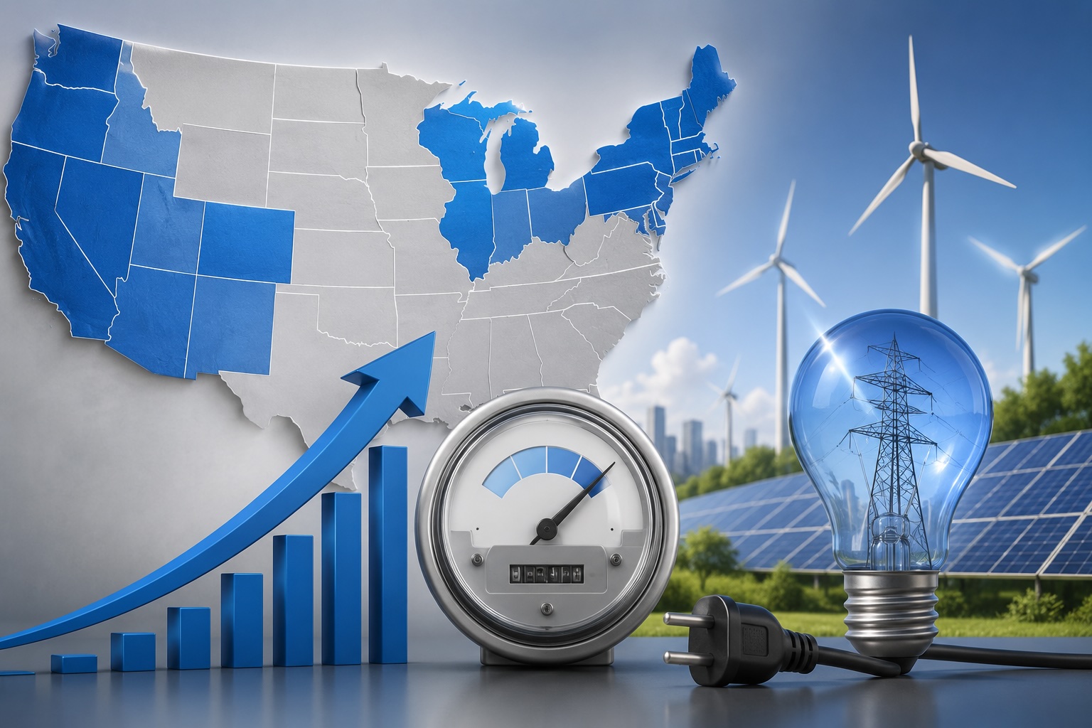 create an image based on this heading, but do not use any text - Analysis: Higher Electricity Rates in Blue States Linked to Renewable Energy Policies