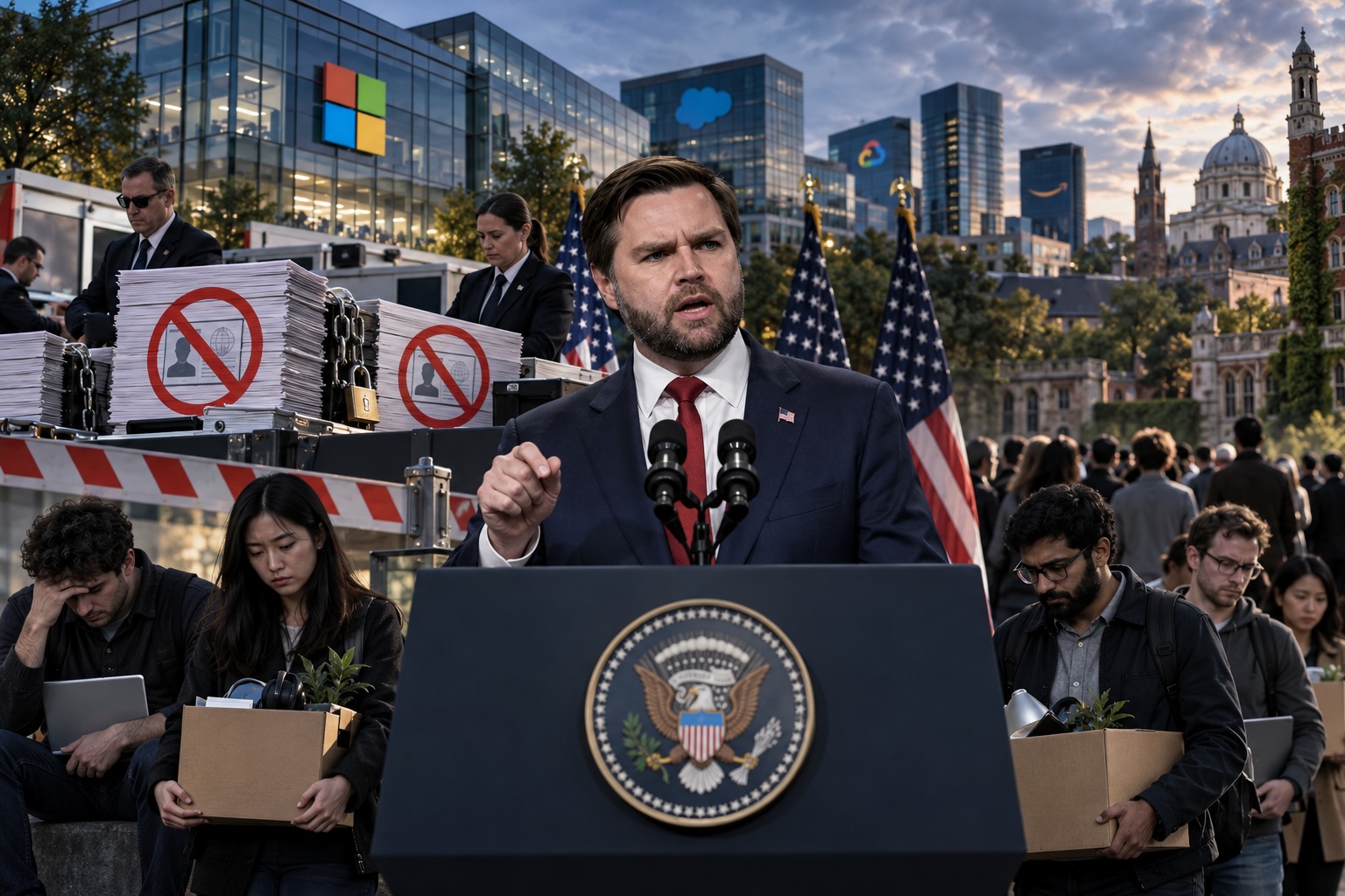 Vice President JD Vance announced on Thursday that the Labor Department is suspending Microsoft from PERM, the process companies use to sponsor H-1B workers for green cards, accusing it of abusing the system more than any other employer. The suspension also covers Adobe and the outsourcers Cognizant, Infosys, Tata Consultancy Services, Wipro, HCL, and Capgemini. At the same briefing, he said nine universities will be investigated for allegedly using J-1 visas to undercut American graduate students and researchers: Harvard, Yale, Stanford, Brown, the University of Pittsburgh, UC Davis, Caltech, Arizona State, and MIT, Just the News reported.